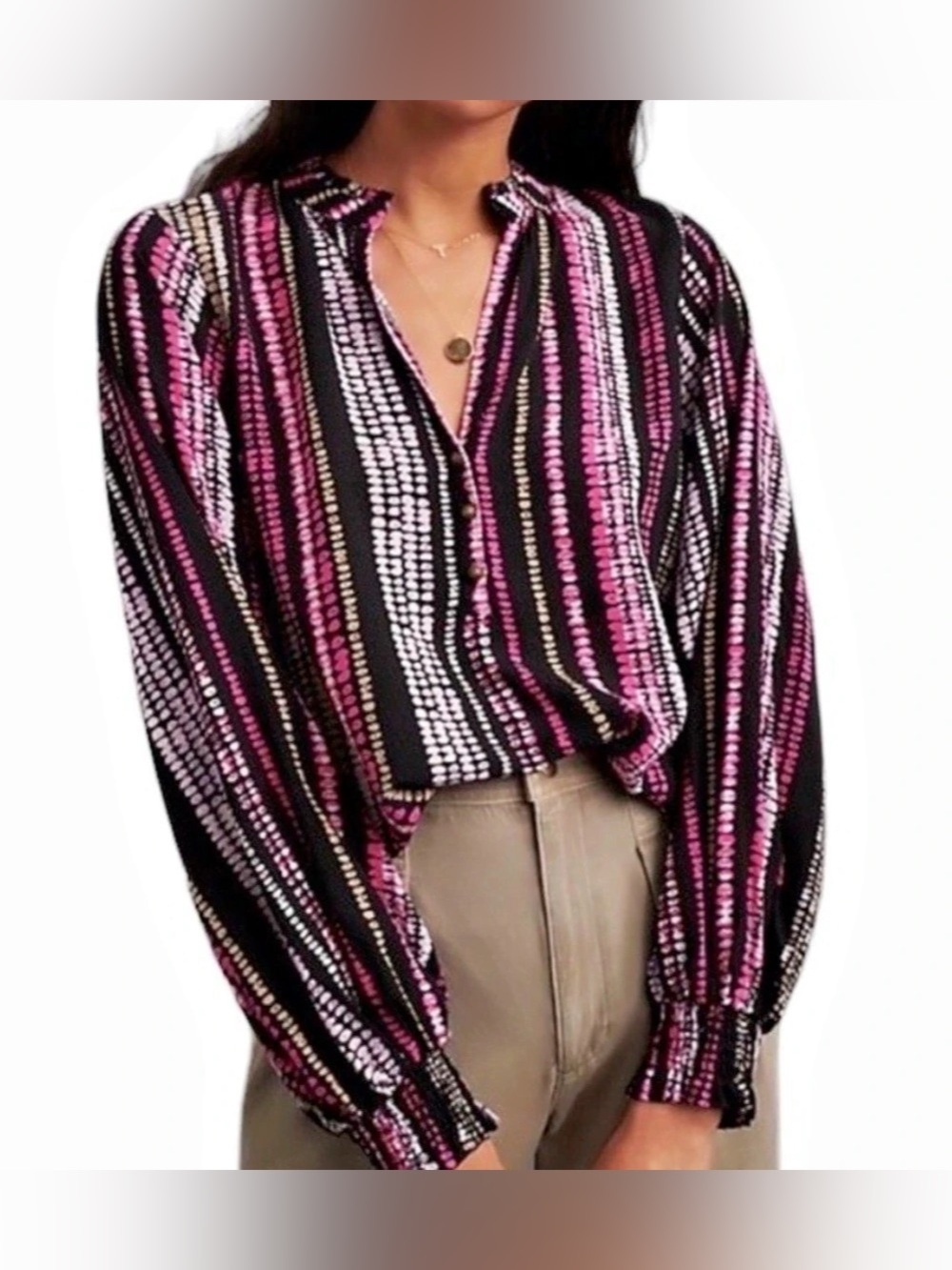 Maeve Black, Pink and White Polka Dot Striped V-Neck Blouse - Size M